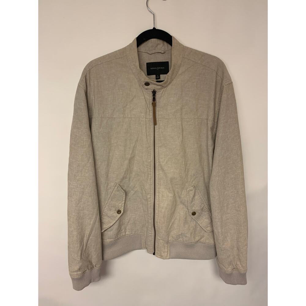Banana Republic Linen Bomber Jacket Tan Beach Preppy Neutral Mens SZ L